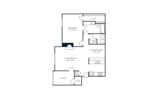 floor plan for the one bedroom apartment at The  Sawyer