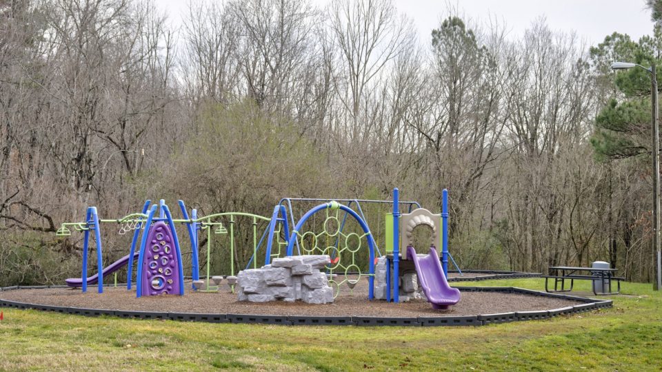 a playground with a blue slide and purple poles at The Sawyer