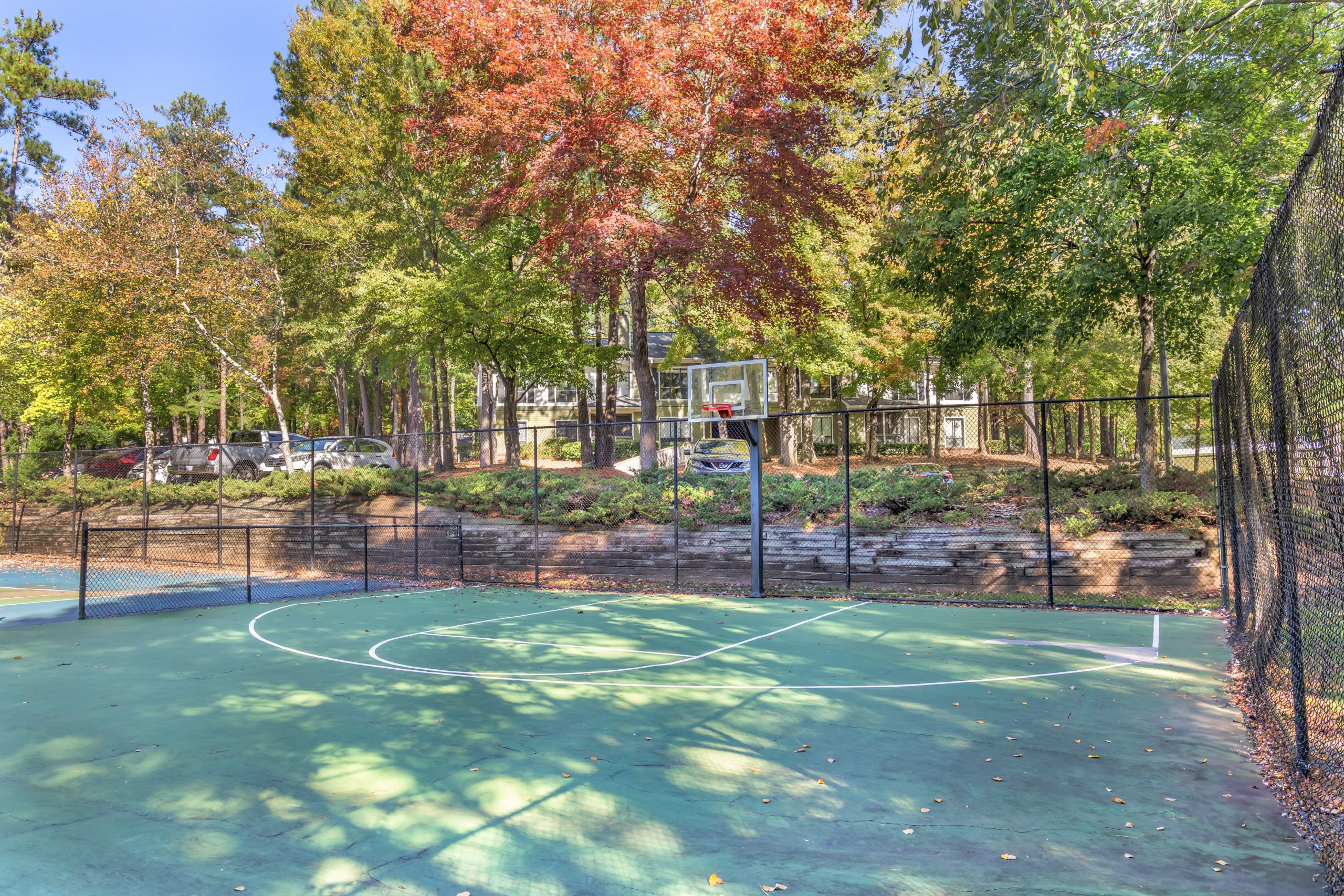 a basketball court in the woods with trees at The  Sawyer